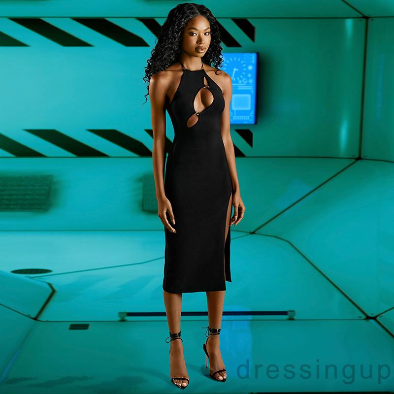 Đầm Hai Dây Cổ Tròn Màu Trơn Xẻ Tà Thời Trang Mùa Hè Cho Nữ