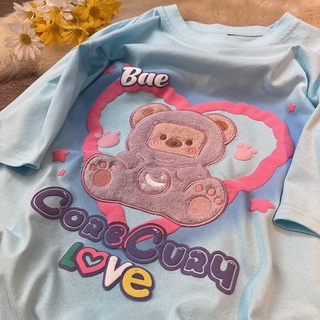 Áo thun tay ngắn thêu họa tiết gấu form rộng thời trang mùa hè xinh xắn cho nữ