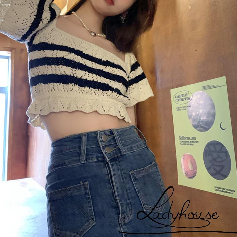 Áo Thun Dệt Kim Ngắn Tay Cổ Vuông Họa Tiết Kẻ Sọc Màu Đen Cho Nữ