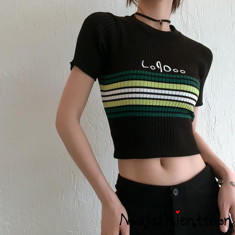 Áo Croptop Dệt Kim Tay Ngắn Cổ Tròn Họa Tiết Kẻ Sọc Thời Trang Mùa Hè Cho Nữ