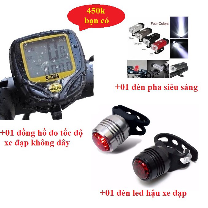 Bộ phụ kiện đẹp cho xe đạp gồm, Đồng hồ đo tốc độ xe đạp, đèn pha xe đạp, đèn hậu xe đạp