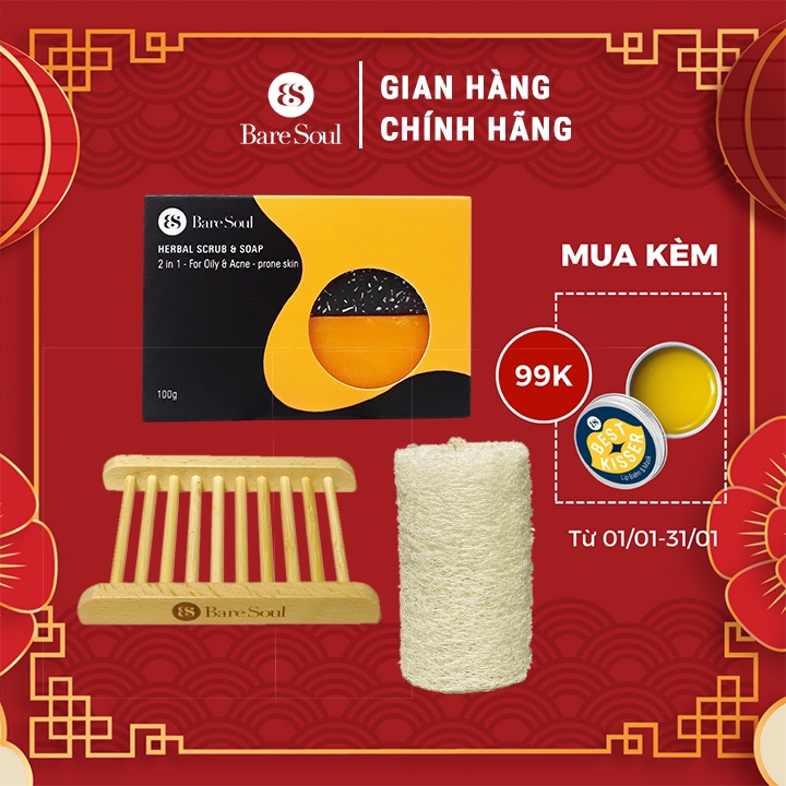 Combo bánh xà phòng BareSoul Herbal Scrub &amp; Soap 100g + Giá gỗ đựng xà phòng + Xơ mướp thiên nhiên