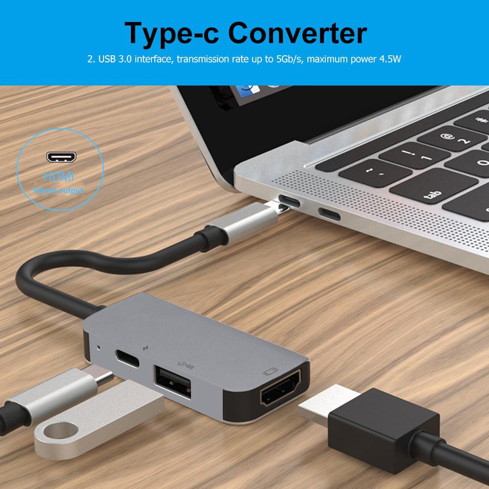 Bộ chia cổng USB type C 3 trong 1 bằng hợp kim nhôm 4K HDMI 3.0 DP