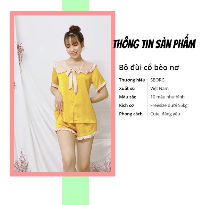 Đồ Bộ Pijama Vintage tiểu thư SBORG Bộ Lụa SaTin Áo Cộc Quần Đùi Phối Bèo Cổ Nơ đồ ngủ Quà Tặng Vợ 8 3 !