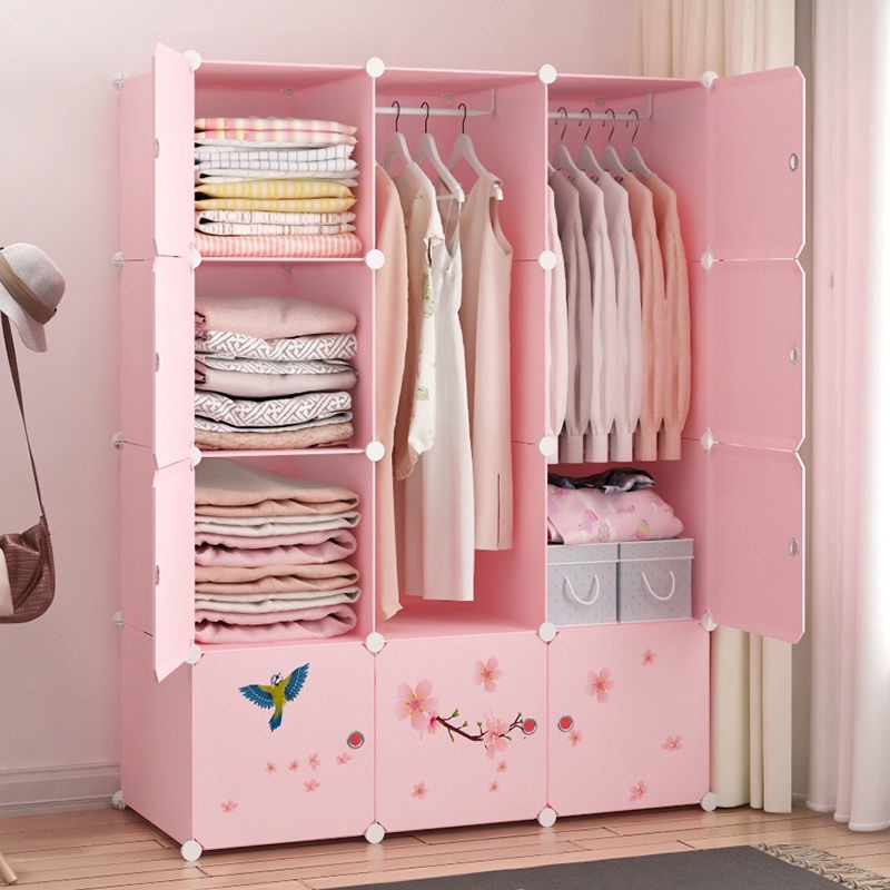 Tủ quần áo đơn giản phòng cho thuê tối giản hiện đại với tủ quần áo vải màu hồng phòng ngủ hộ gia đình tủ nhựa treo đồ