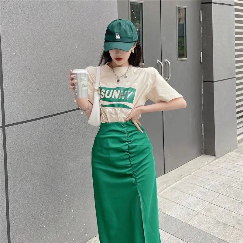 Set áo thun tay ngắn Sunny ❤️ Chân váy chữ A lưng cao xẻ đùi phong cách Ulzzang HL01