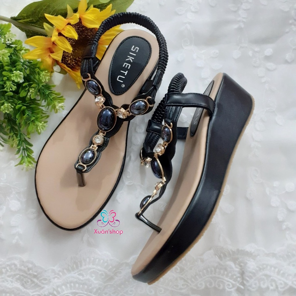 Sandal Siketu đế xuồng 5cm, quai xỏ ngón đính hạt sang trọng