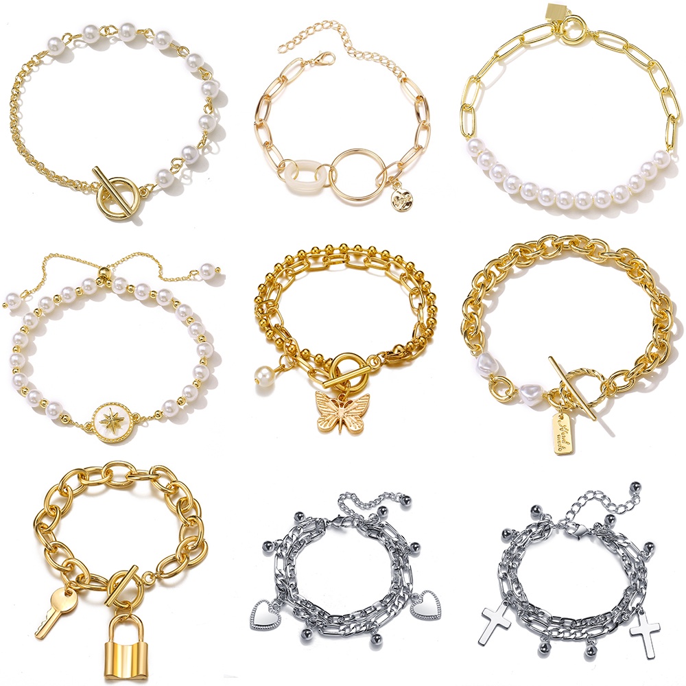 Vòng đeo tay màu vàng/ màu bạc đính hạt ngọc trai nhân tạo thanh lịch thời trang dành cho nữ