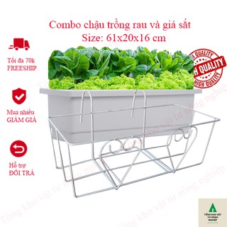 Combo chậu trồng rau, trồng hoa thông minh và giá sắt size 61x20x16cm