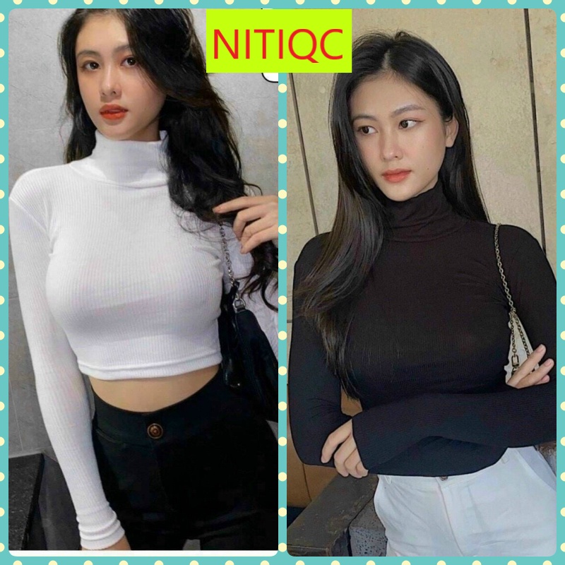 ÁO CROPOP NỮ CỔ LỌ DÀI TAY CHẤT THUN GÂN CAO CẤP MÀU TRẮNG ĐEN TÔN DÁNG ĐỈNH CAO HOT HIT CÁ TÍNH NITIQC