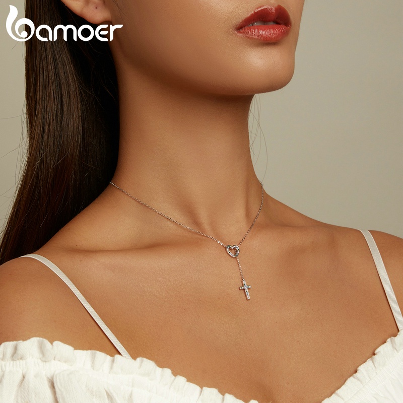 Vòng cổ bạc 925 BAMOER BSN244 dài 42.5cm mặt thánh giá thời trang cho nữ