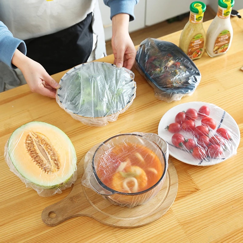 Set 100 Vỏ Bọc Bảo Vệ Bằng Nhựa Co Giãn Trong Suốt Dùng Một Lần Để Đựng Thức Ăn