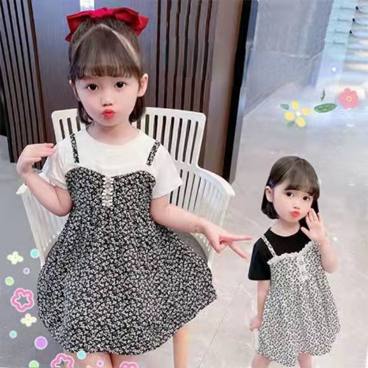 Đầm Công Chúa Giả Hai Mảnh Tay Ngắn Bằng Vải Cotton In Hoa Xinh Xắn Cho Bé Gái 80-130cm 1-8 Tuổi