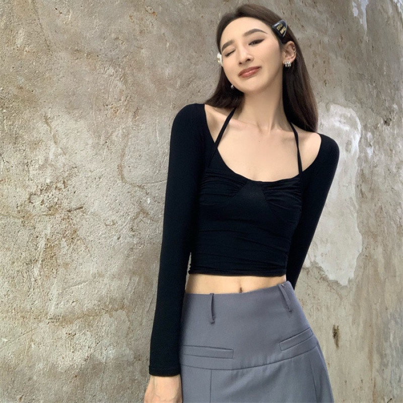 Áo Croptop Tay Dài Thiết Kế Ôm Sát Quyến Rũ Hợp Thời Trang