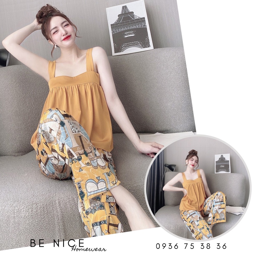 Set lụa dài mặc nhà dây bản to phối màu và họa tiết xinh xắn nhà Be Nice Homewear