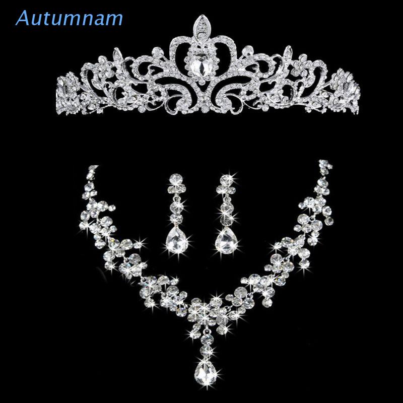 Bộ Vòng cổ + bông tai + băng đô cài tóc hình vương miện đính pha lê thời trang cho nữ
