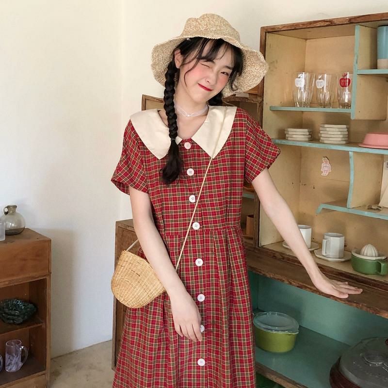 [Order] Váy maxi dài kẻ caro đỏ cổ sơ mi trắng vintage (ảnh thật)