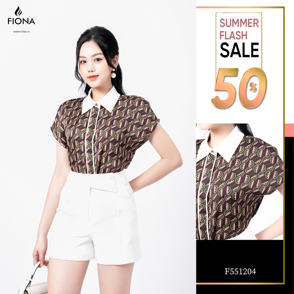 Áo sơ mi cổ đức Fiona, Sơ mi nữ cộc tay họa tiết màu tím trẻ trung mã F551204