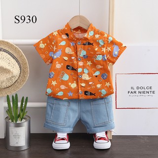 Set Áo Sơ Mi Bé Trai Tay Ngắn Quần Đùi Jean Từ 1 - 4 Tuổi - S930