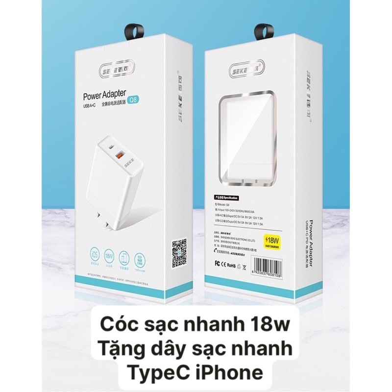 Cóc sạc nhanh 18w 2 cổng sạc ( 1 đầu typeC ,1 đầu Usb )