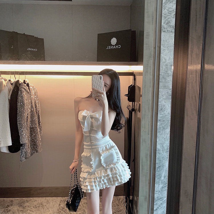 Bộ Chân Váy Len Áo Croptop Trắng Quảng Châu phong cách sexy tiểu thư kiểu dáng hàn quốc sang chảnh