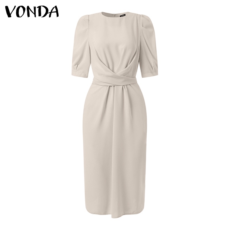 Đầm VONDA dáng dài cổ tròn ngắn tay xếp ly chiết eo thời trang Hàn Quốc cho nữ