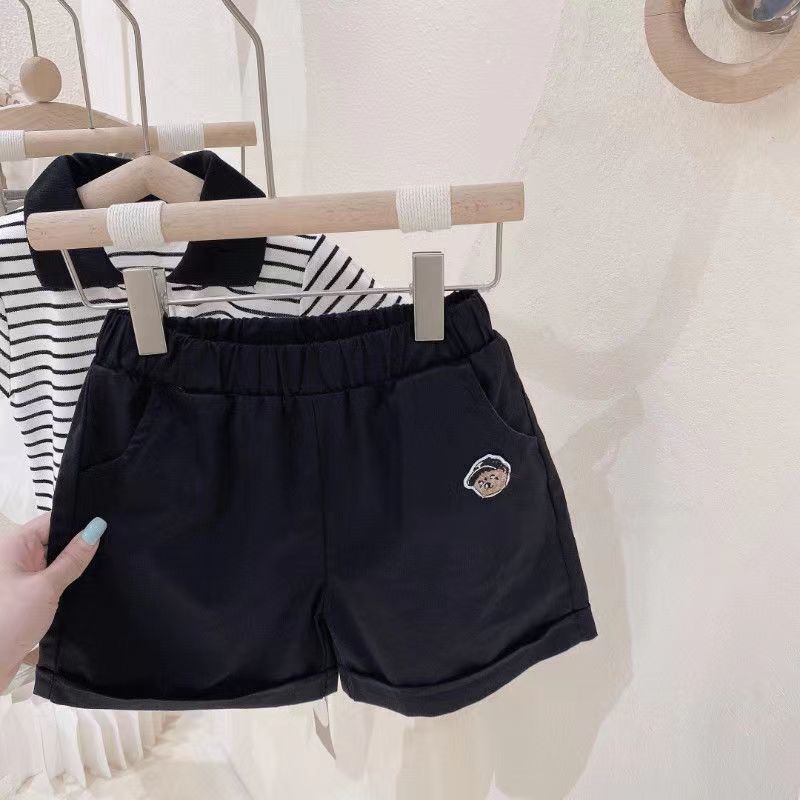 Set Áo Thun polo Ngắn Tay Và Quần Short Kẻ Sọc Thêu Hình Gấu Phong Cách Nhật Bản Thời Trang Mùa Hè Dành Cho Bé Trai Gái