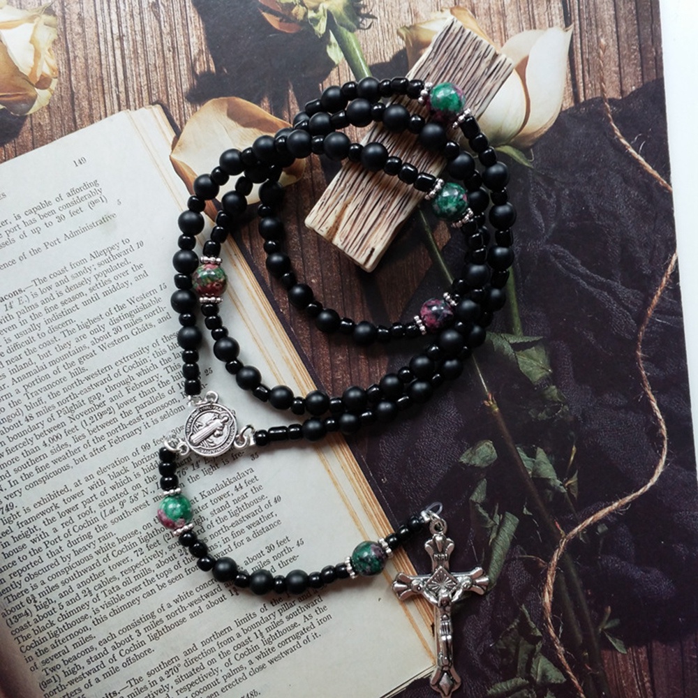 Chuỗi Hạt Đá Onyx Màu Đen Tự Nhiên Mặt Thánh Giá