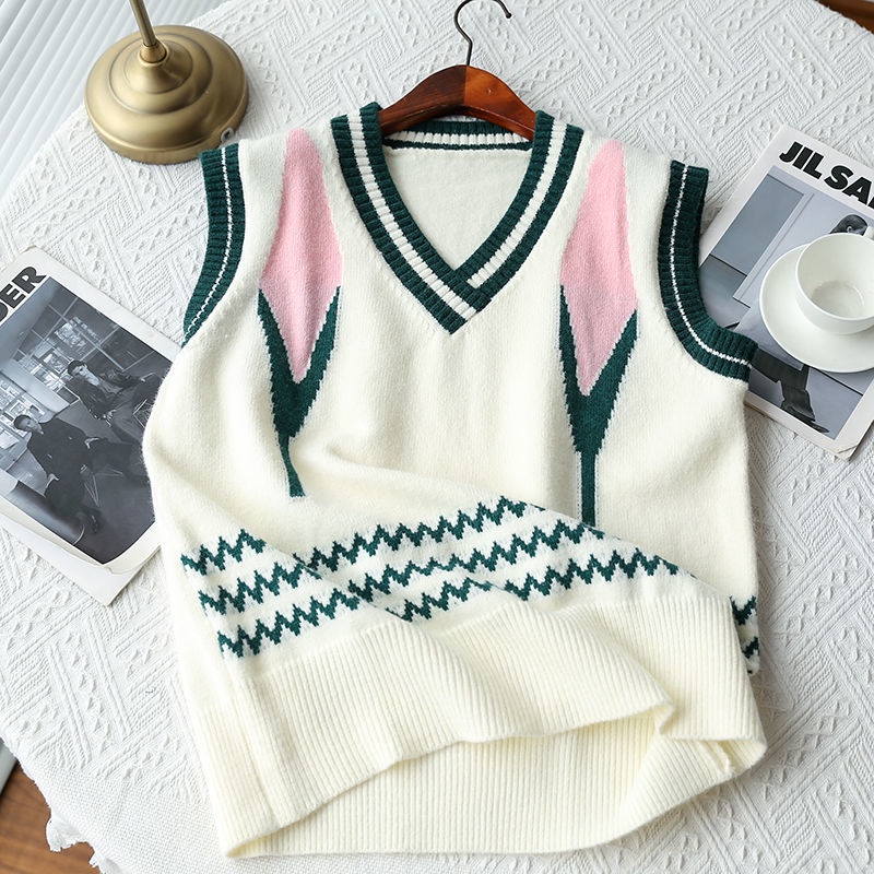 Áo len không tay cổ chữ V màu sắc tương phản phong cách Hàn Quốc