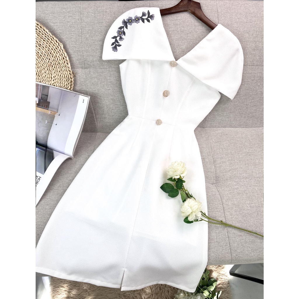 Đầm trắng dự tiệc sang trọng dáng dài chữ a cổ v đẹp tay áo choàng sang chảnh thiết kế cao cấp hợp dự tiệc cưới - Lux W