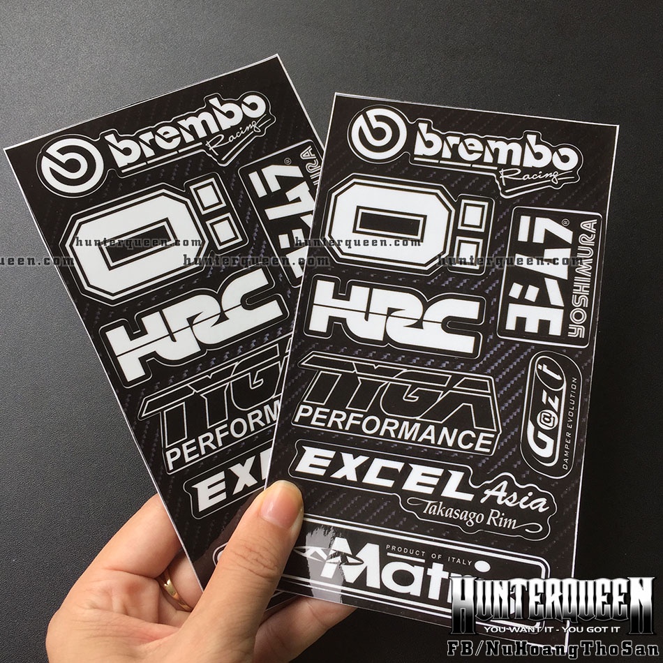 Cặp tem trắng đen Brembo-Ohlins, logo dán xe chống nước, không bong tróc bay màu. Decal cao cấp