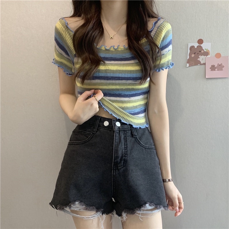 áo len thun trễ vai phối màu trẻ trung (45610#)