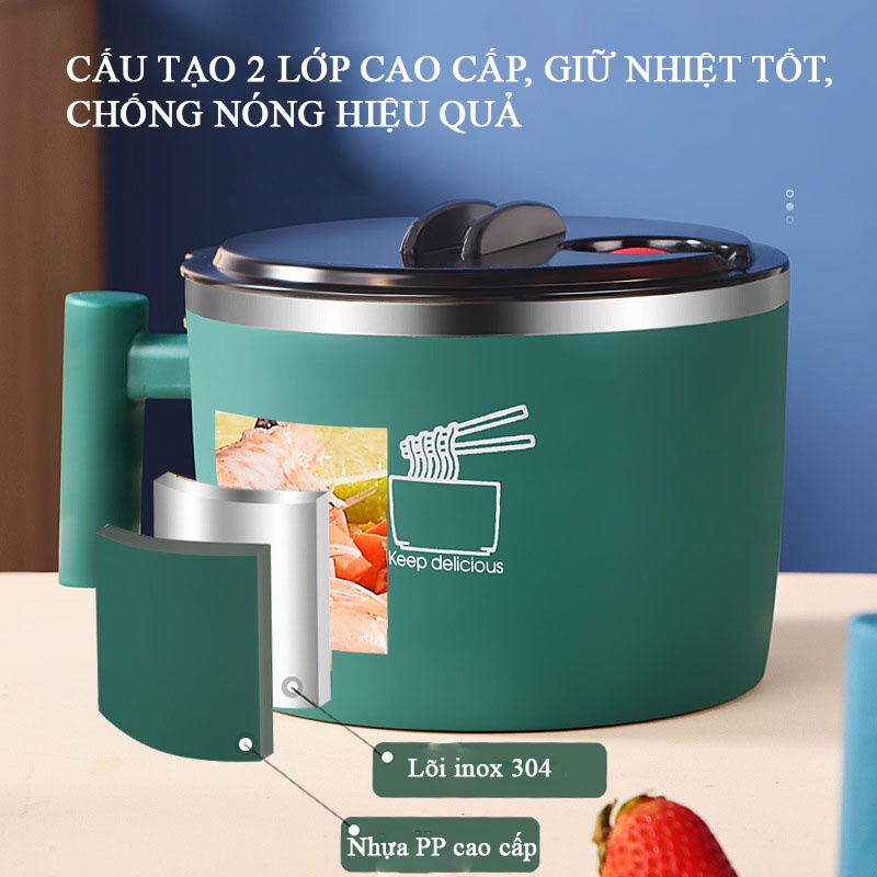 Ca úp mì inox cầm tay 1,2l , bát ăn mì inox có nắp đậy tiện lợi, với thiết kế  2 lớp cách nhiệt an toàn bền và đẹp