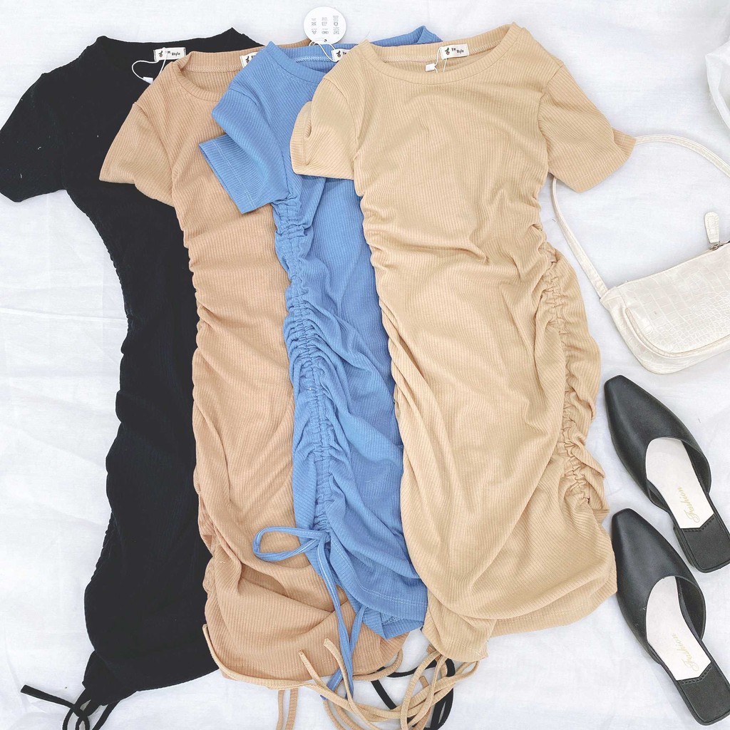 Đầm gân tay ngắn VM STYLE body váy rút dây 22VD03T370903 | BigBuy360 - bigbuy360.vn