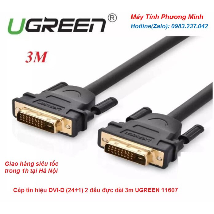 Cáp tín hiệu DVI-D (24+1) 2 đầu đực dài 3m UGREEN DV101 11607 (đen) - Bảo hành chính hãng