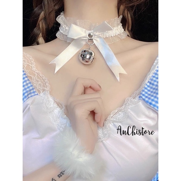 (2 màu đen trắng) Vòng choker nơ ren đính chuông cosplay