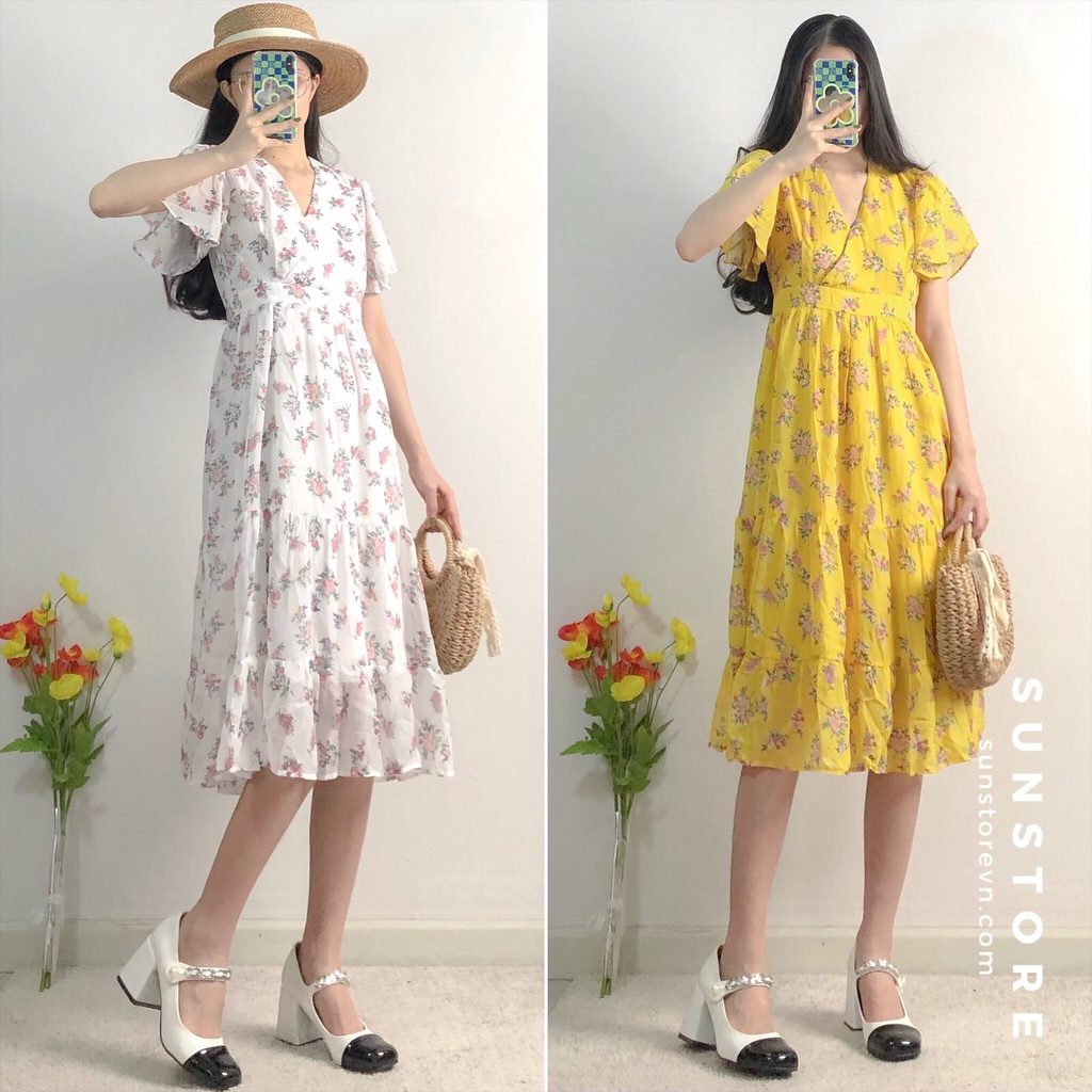 Đầm hoa nhí dáng dài midi váy xoè vintage tay ngắn bo chun eo 2 màu vàng trắng