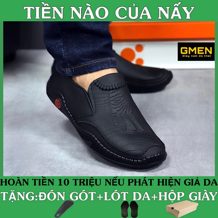 Giày lười nam chất liệu da bò dập vân cá sấu đế cao su khâu chỉ bền bỉ G