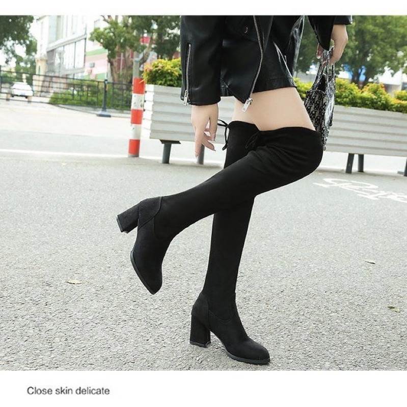 Bốt đùi nữ da lộn lót lông có dây buộc gót vuông cao 6cm