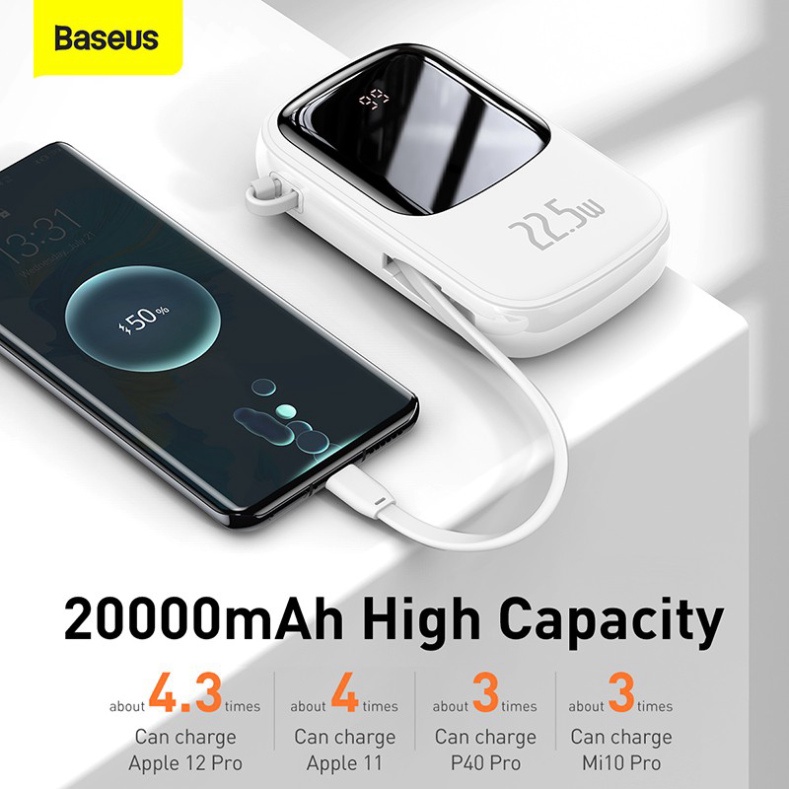 Pin sạc dự phòng Baseus 22.5W 20000mAh PD tích hợp sẵn cáp cho điện thoại thiết kế dễ dàng mang theo