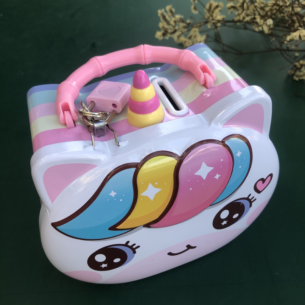 Hộp Tiết Kiệm UNICORN nổi ngựa pony 1 sừng Có Khóa - Két Sắt Mini Kích Thước 15x13x9cm