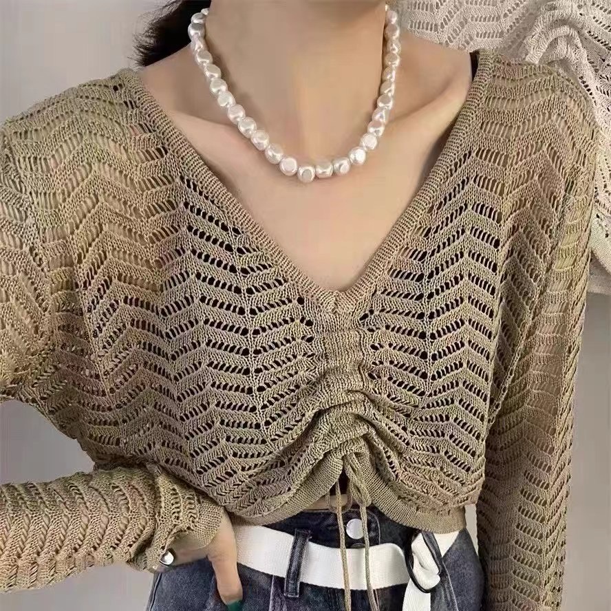 Áo dệt kim SUXI tay dài cổ chữ V dáng rộng phối dây rút phong cách Hàn Quốc thời trang mùa hè cho nữ