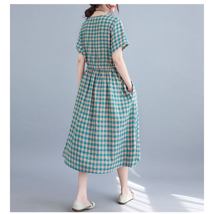 Váy đầm ulzzang suông vintage caro cổ tròn ngắn tay, dây eo tự chỉnh