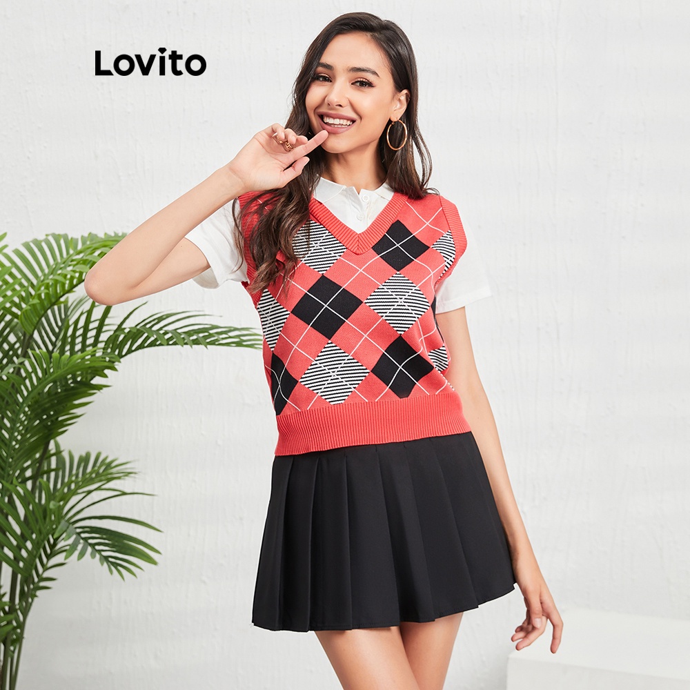 Áo Lovito không tay cổ tròn bằng vải dệt kim họa tiết kẻ sọc thời trang thông thường L07164 (Màu đỏ)
