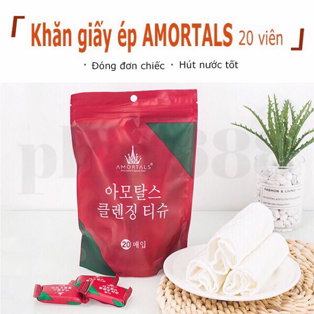 Túi 20 khăn giấy ướt nén Hàn Quốc, dạng viên kẹo dùng 1 lần, nhỏ gọn tiện lợi