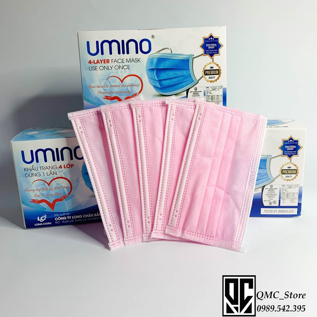 Khẩu trang y tế, khẩu trang Umino 4 lớp, màu hồng , hàng kháng khuẩn , hộp 50 cái #QMC