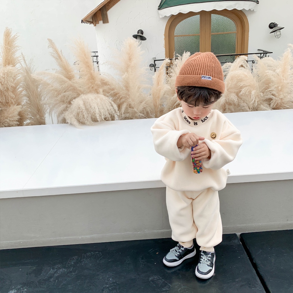Bộ nỉ bông thêu mặt cười cực xinh và ấm cho bé, Bộ nỉ bông cho bé trai và bé gái DOLY KIDS