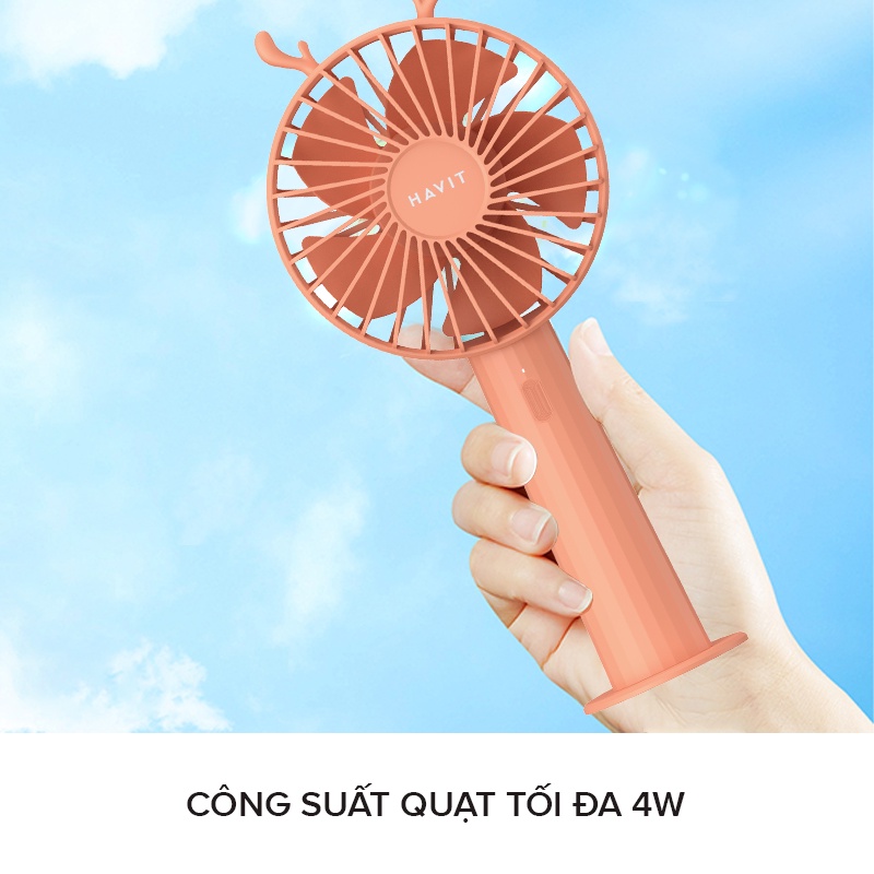 Quạt Sạc Mini Cầm Tay Havit JW003, Pin 1800mAh, 3 Công Suất Gió - Chính Hãng BH 12 Tháng