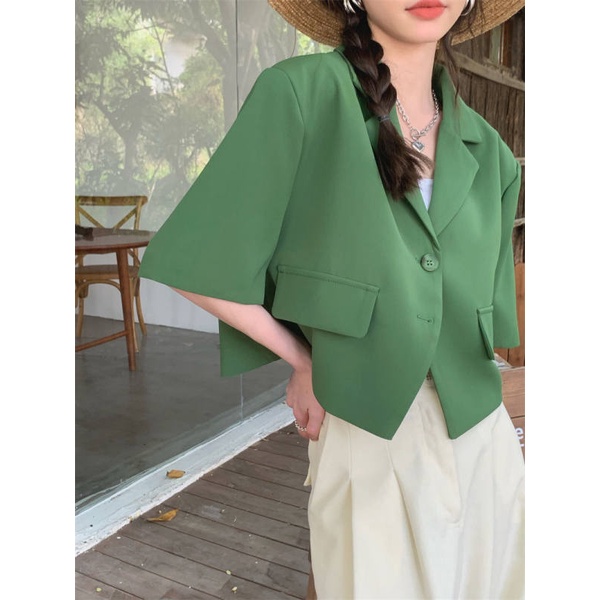 QADCOL  Áo Khoác blazer Tay Ngắn Màu Sắc Đơn Giản Cho Nữ