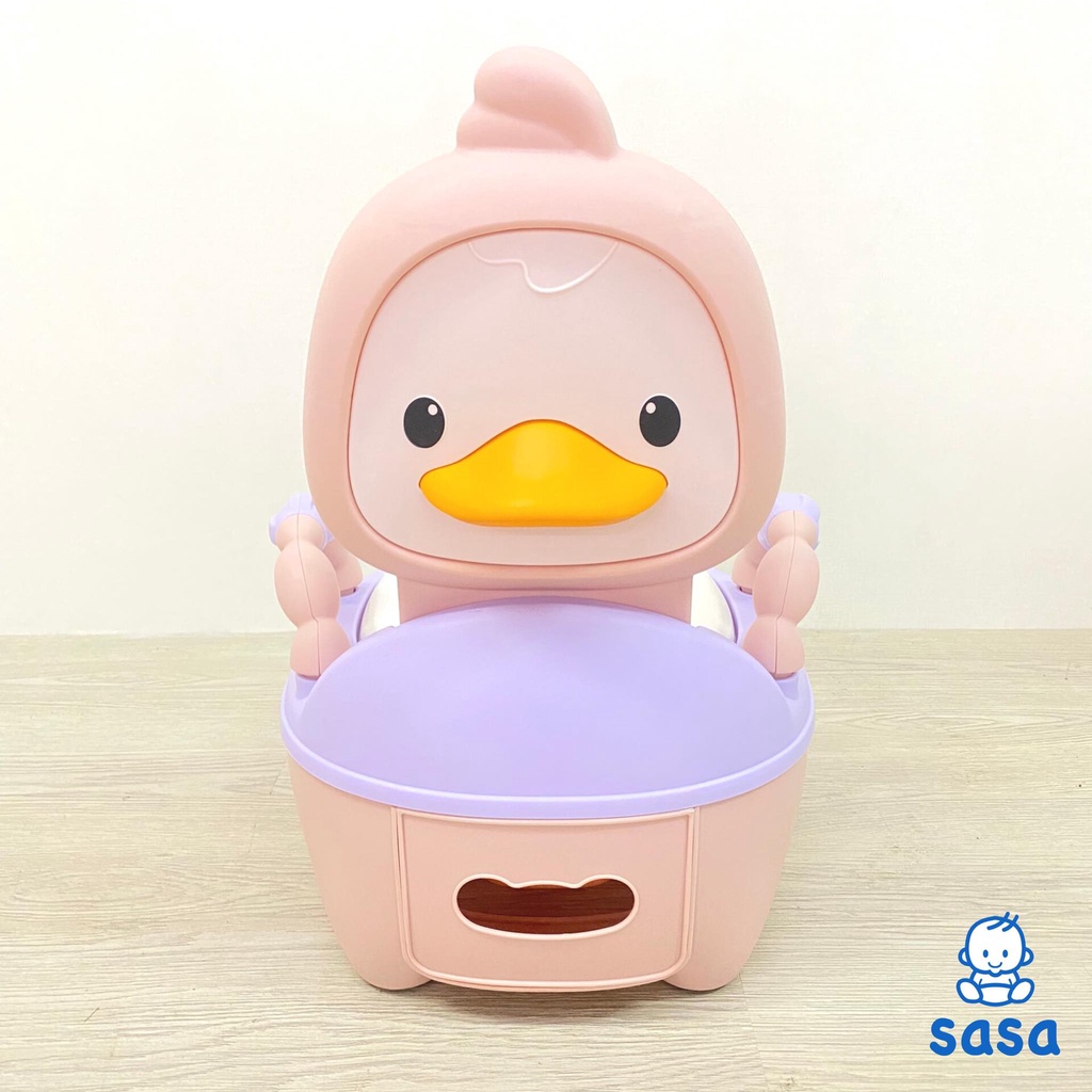 Bô vệ sinh cho bé SASA hình vịt con có tay vịn an toàn, đệm ngồi êm ái màu vàng - hồng, bô ngồi cho em bé